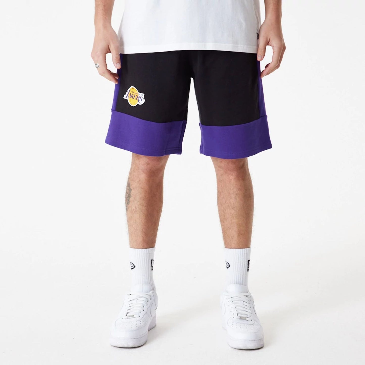 The Male model is wearing LA Lakers NBA Colour Block Black Shorts 7