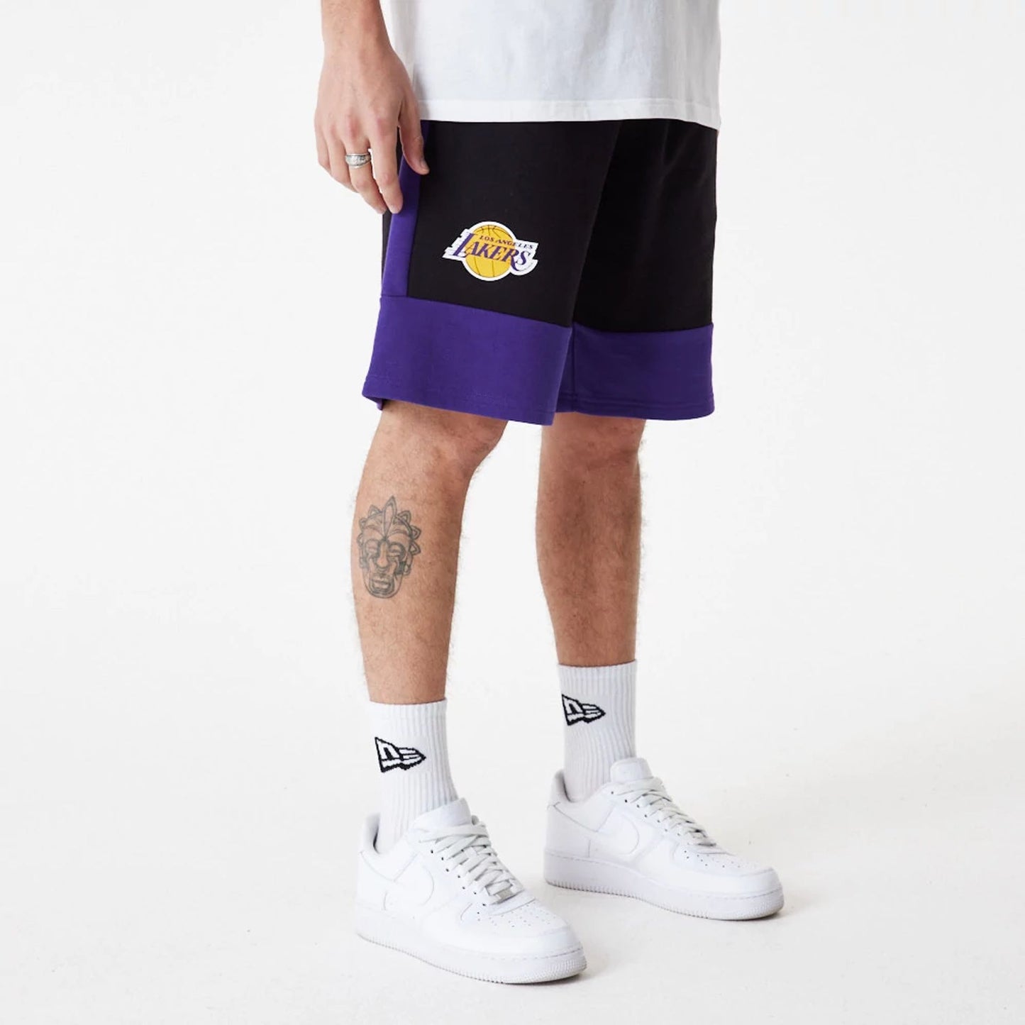 The Male model is wearing LA Lakers NBA Colour Block Black Shorts 6