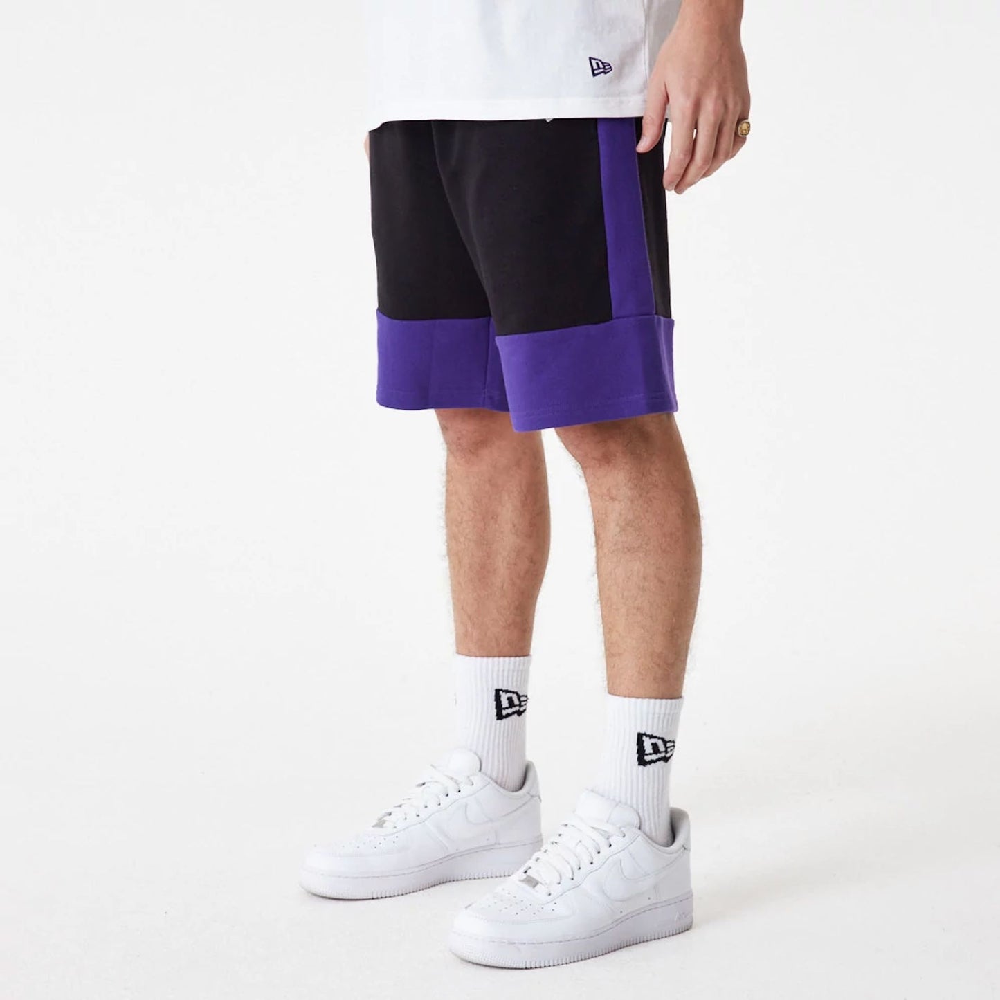 The Male model is wearing LA Lakers NBA Colour Block Black Shorts 5