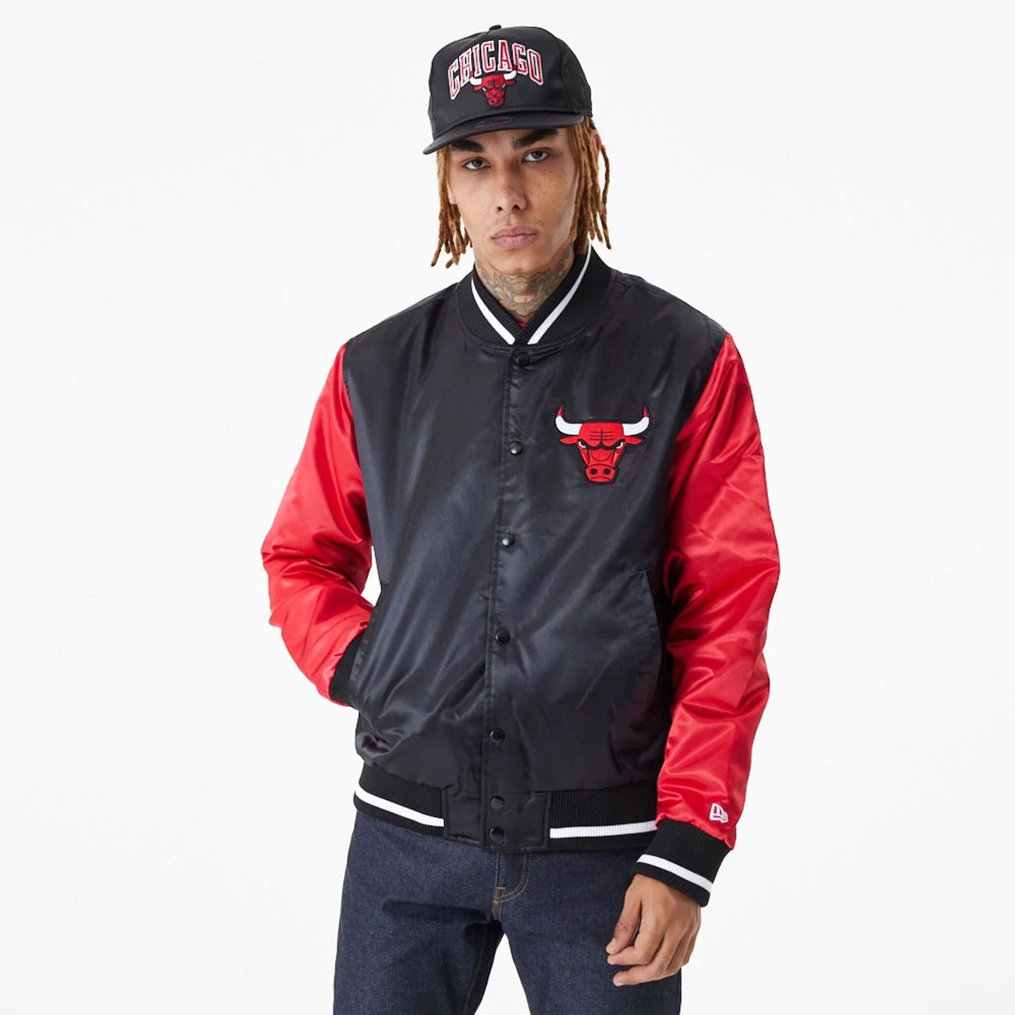 The Male model is wearing Chicago Bulls NBA Satin Black Bomber Jacket 6