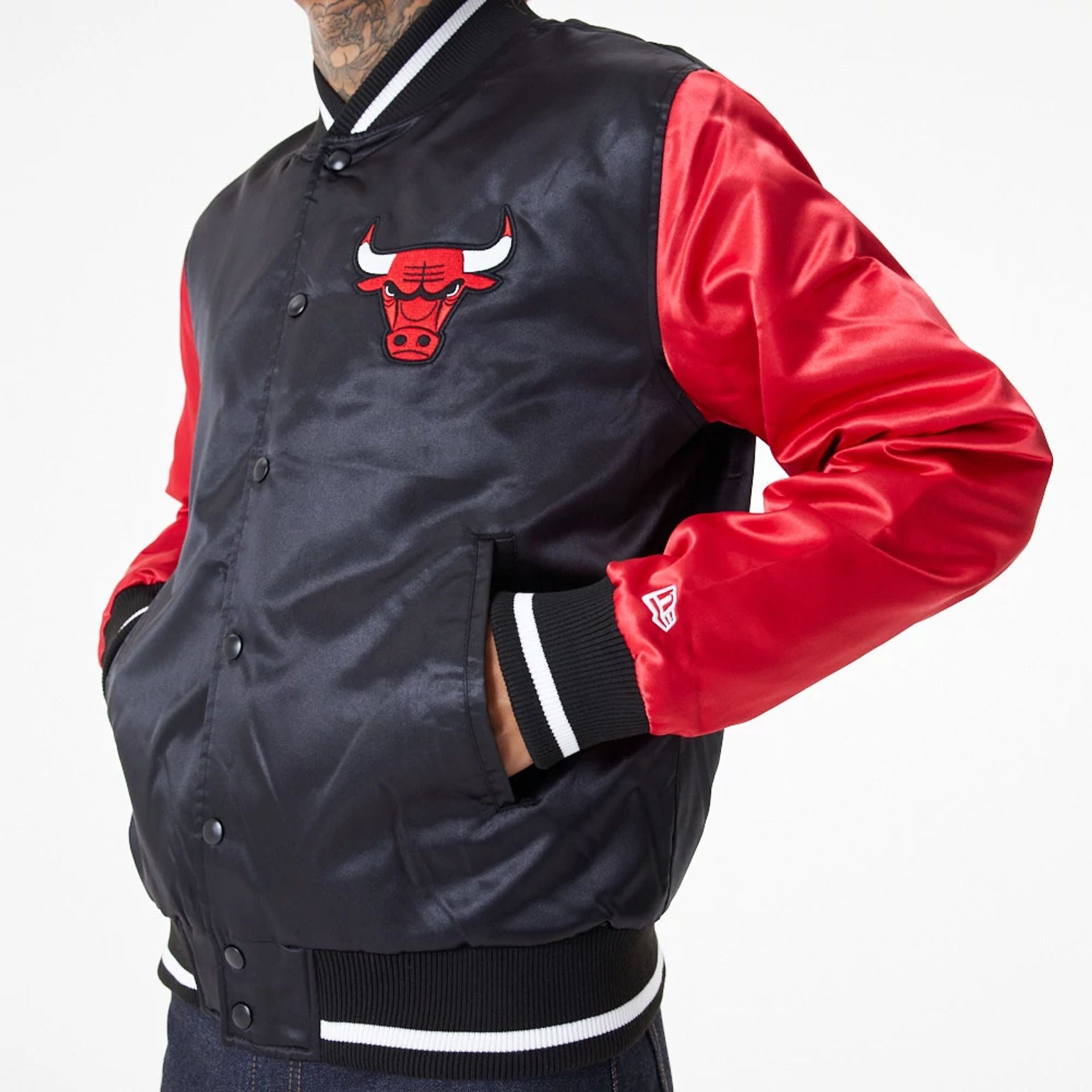 The Male model is wearing Chicago Bulls NBA Satin Black Bomber Jacket 3