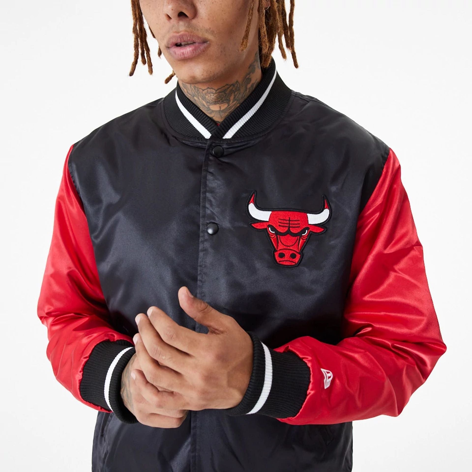 The Male model is wearing Chicago Bulls NBA Satin Black Bomber Jacket 1