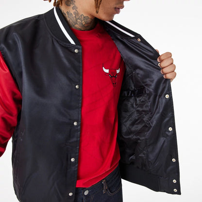 The Male model is wearing Chicago Bulls NBA Satin Black Bomber Jacket 4