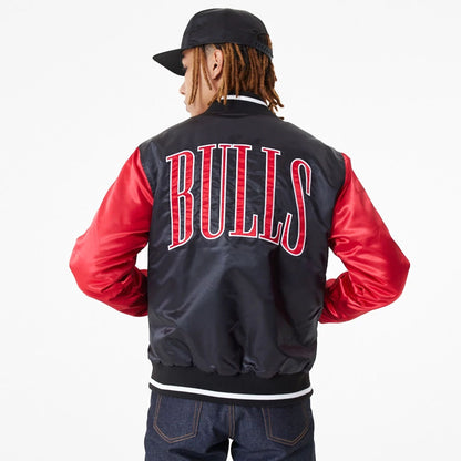 The Male model is wearing Chicago Bulls NBA Satin Black Bomber Jacket 2