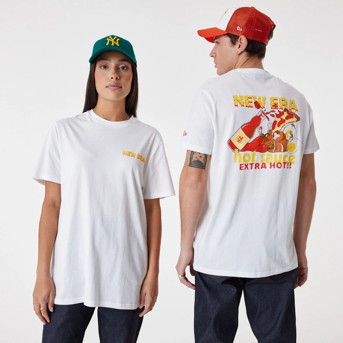 The Male model is wearing New Era Food Pizza White T-Shirt 1