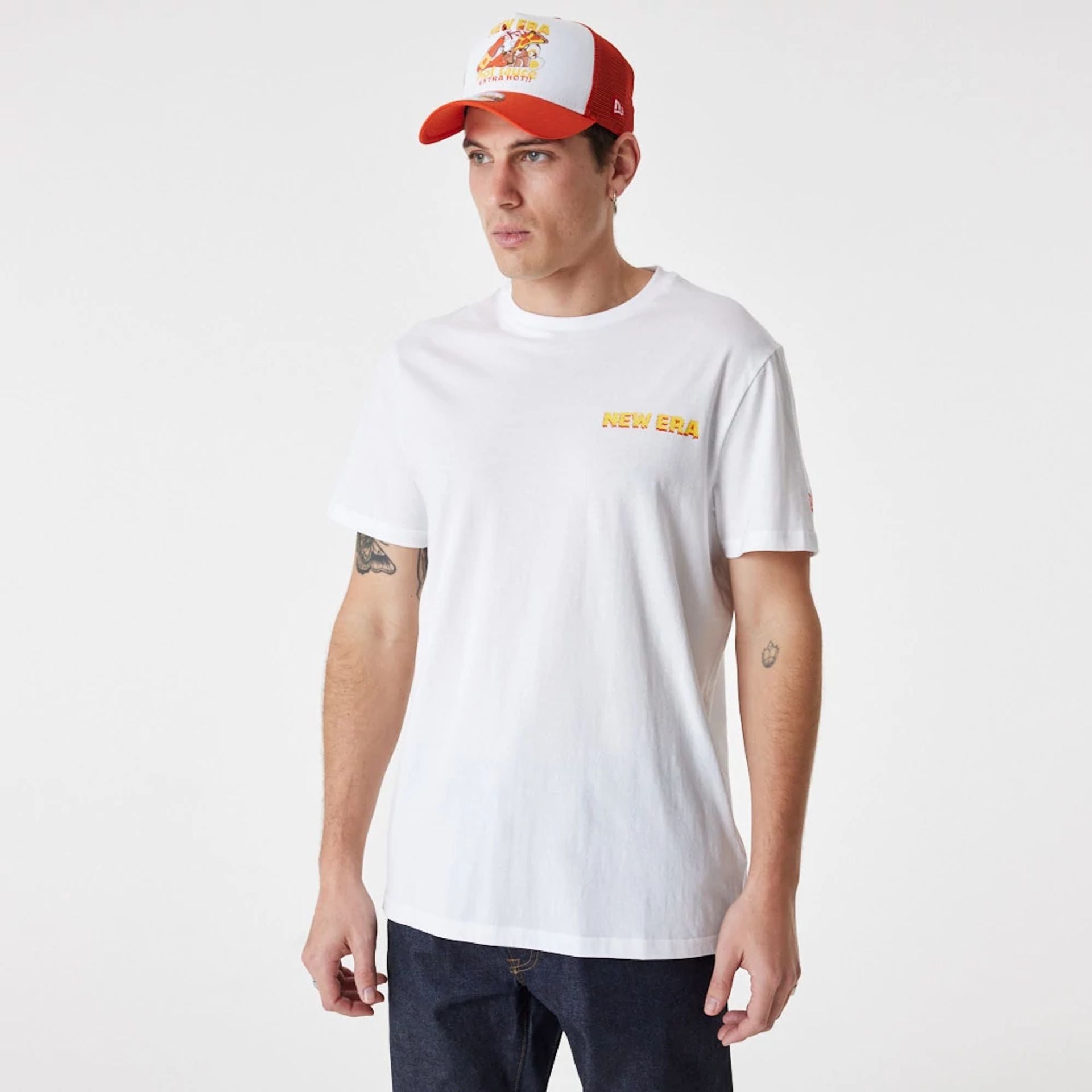 The Male model is wearing New Era Food Pizza White T-Shirt 8