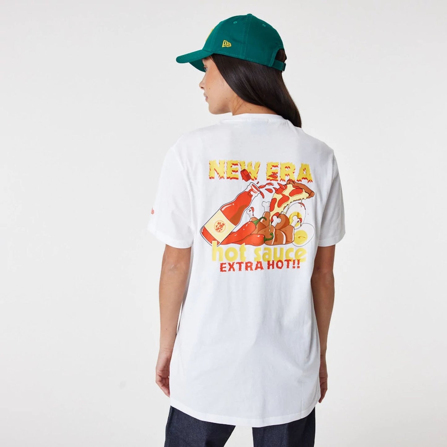 The Male model is wearing New Era Food Pizza White T-Shirt 5