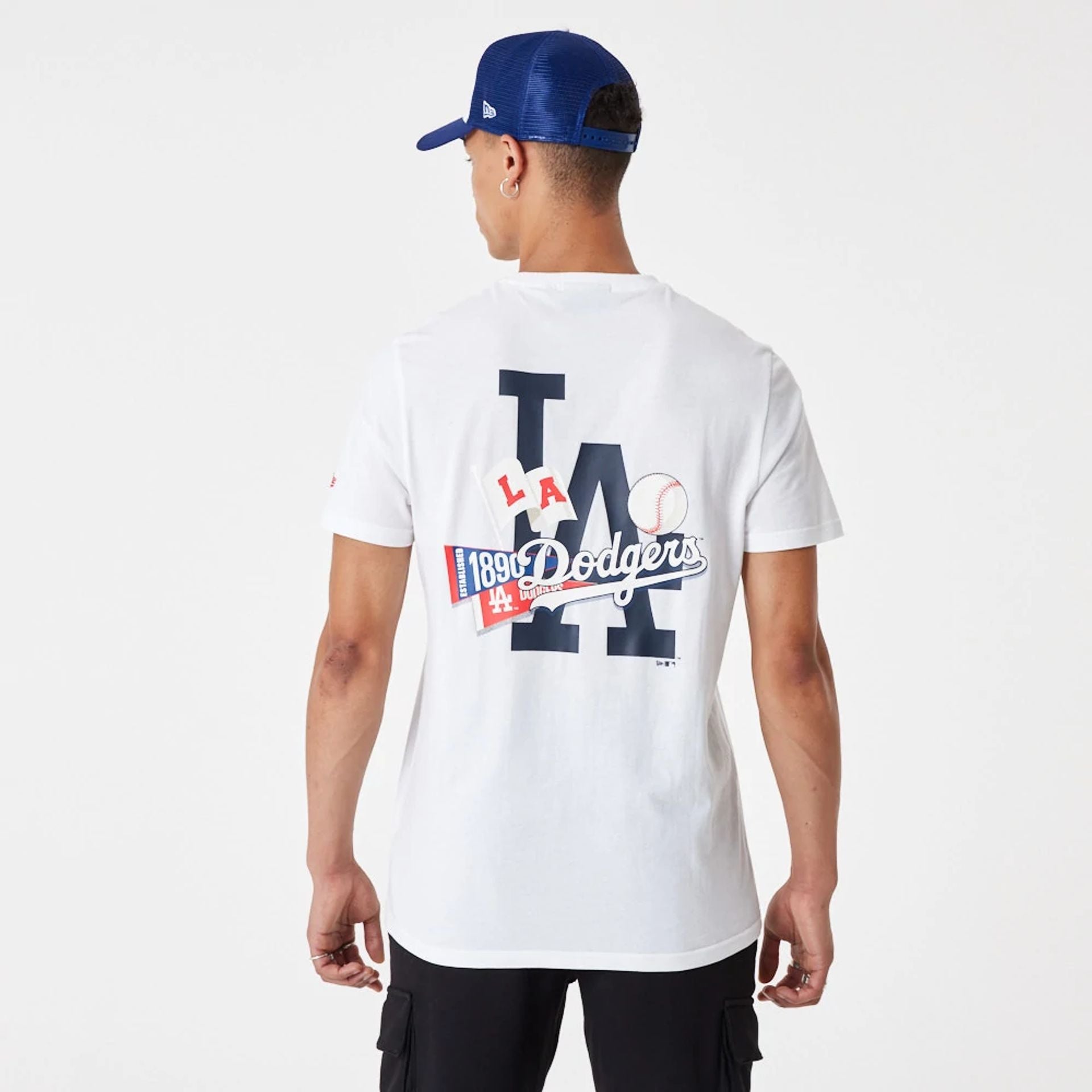 The Male model is wearing LA Dodgers MLB Flag Graphic White T-Shirt 4