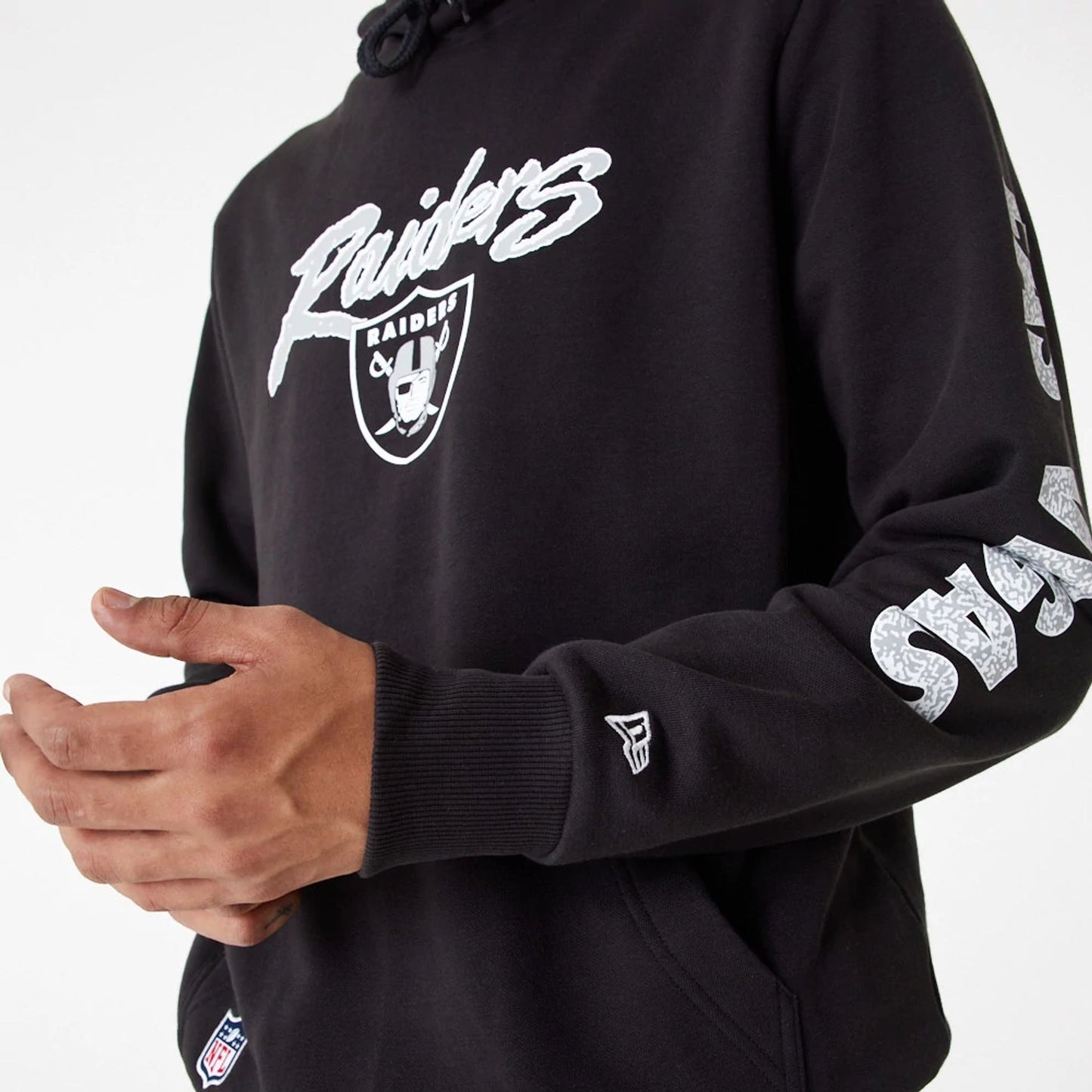 The Male model is wearing Las Vegas Raiders NFL Team Logo Black Pullover Hoodie 6