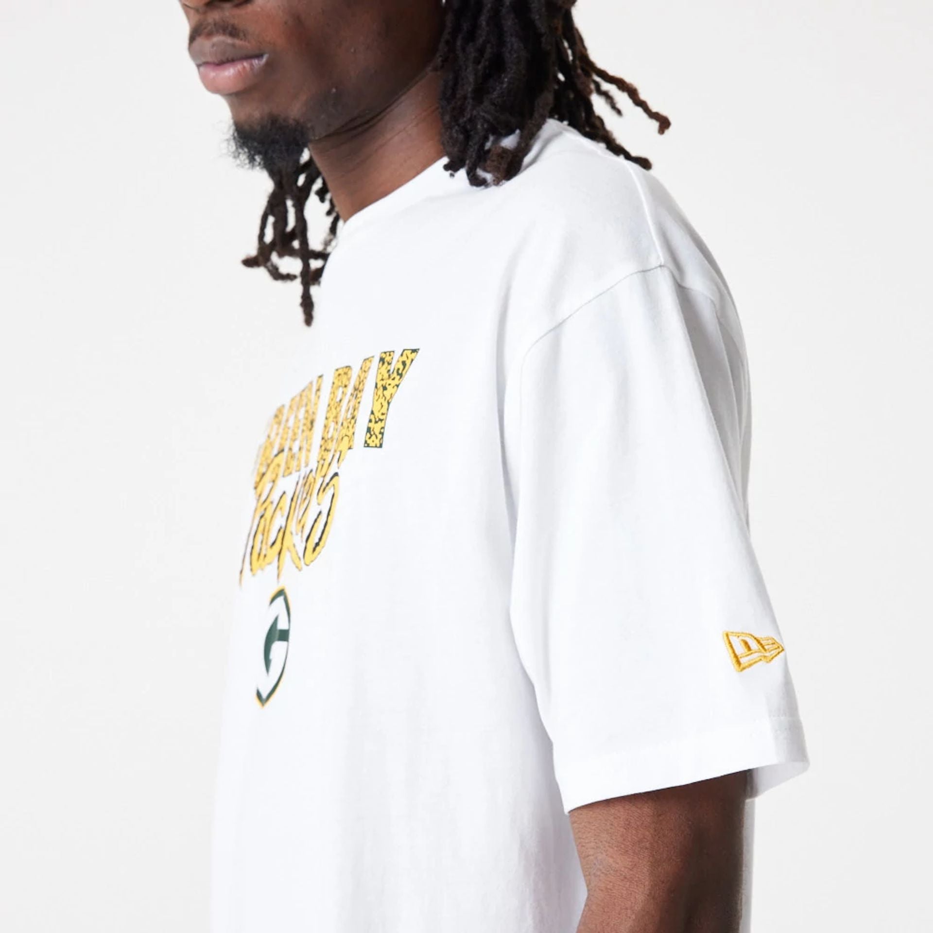 The Male model is wearing Green Bay Packers NFL Script White Oversized T-Shirt 2