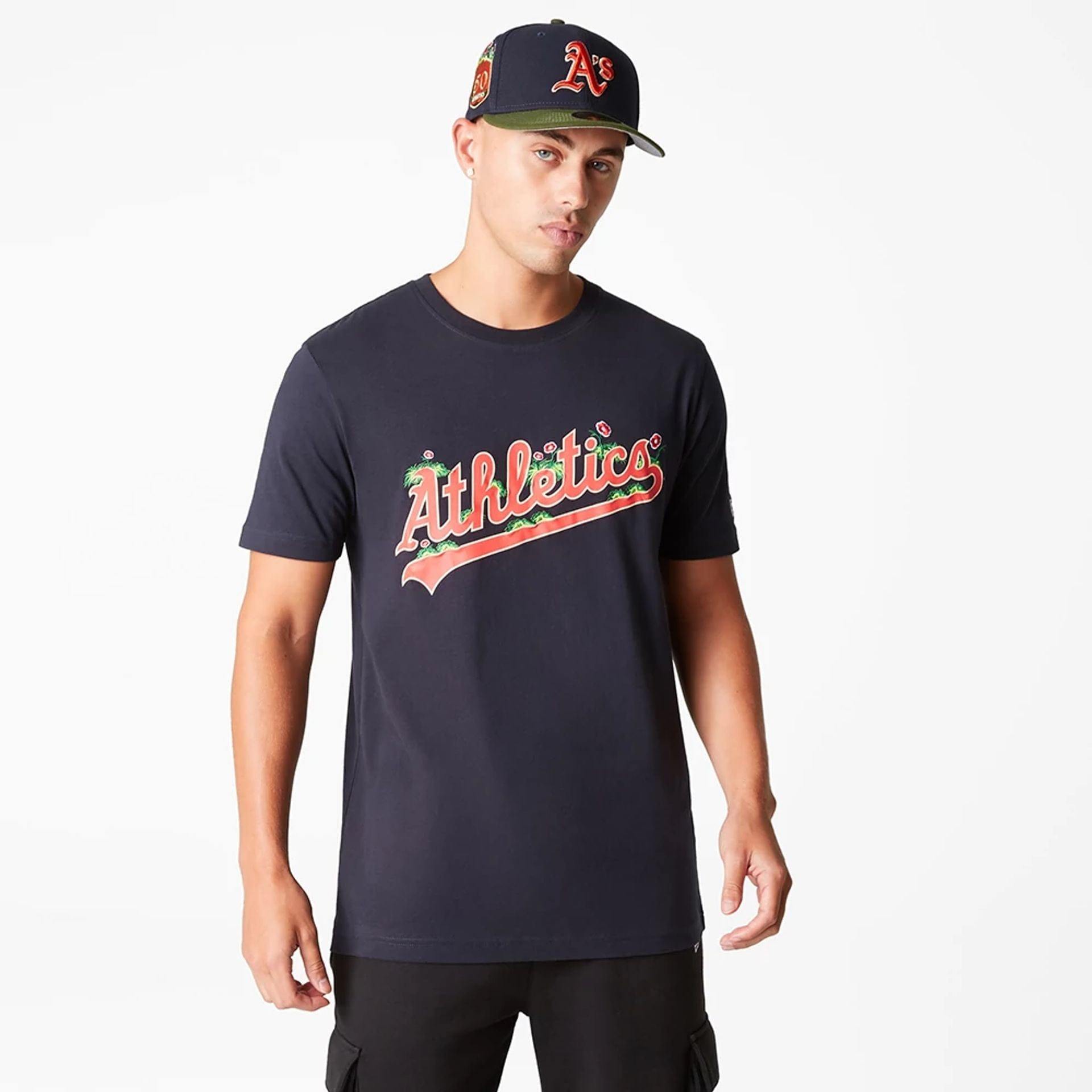 The Male model is wearing Oakland Athletics MLB Hook Up Navy T-Shirt 1