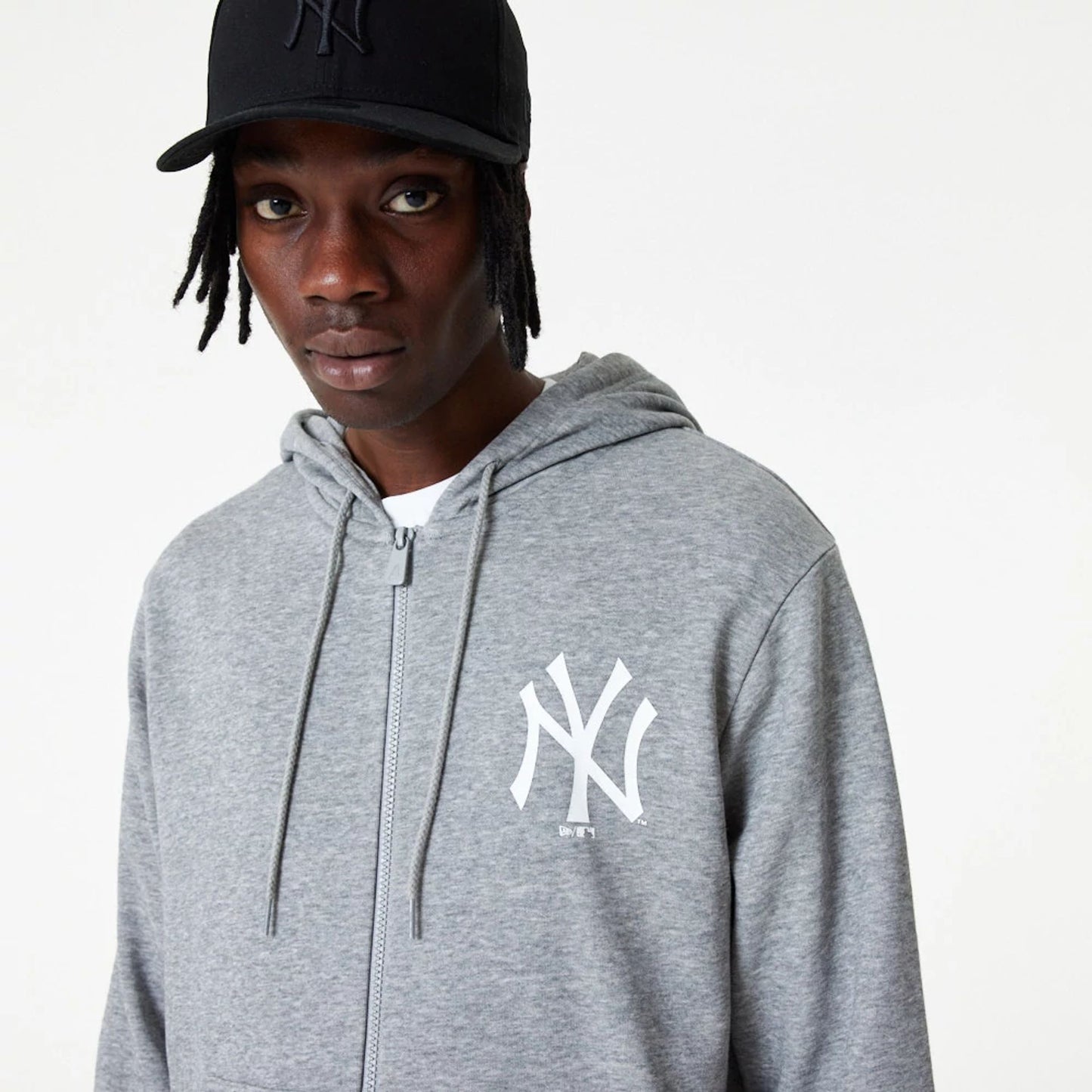 The Male model is wearing New York Yankees MLB Essential Grey Full Zip Hoodie 6