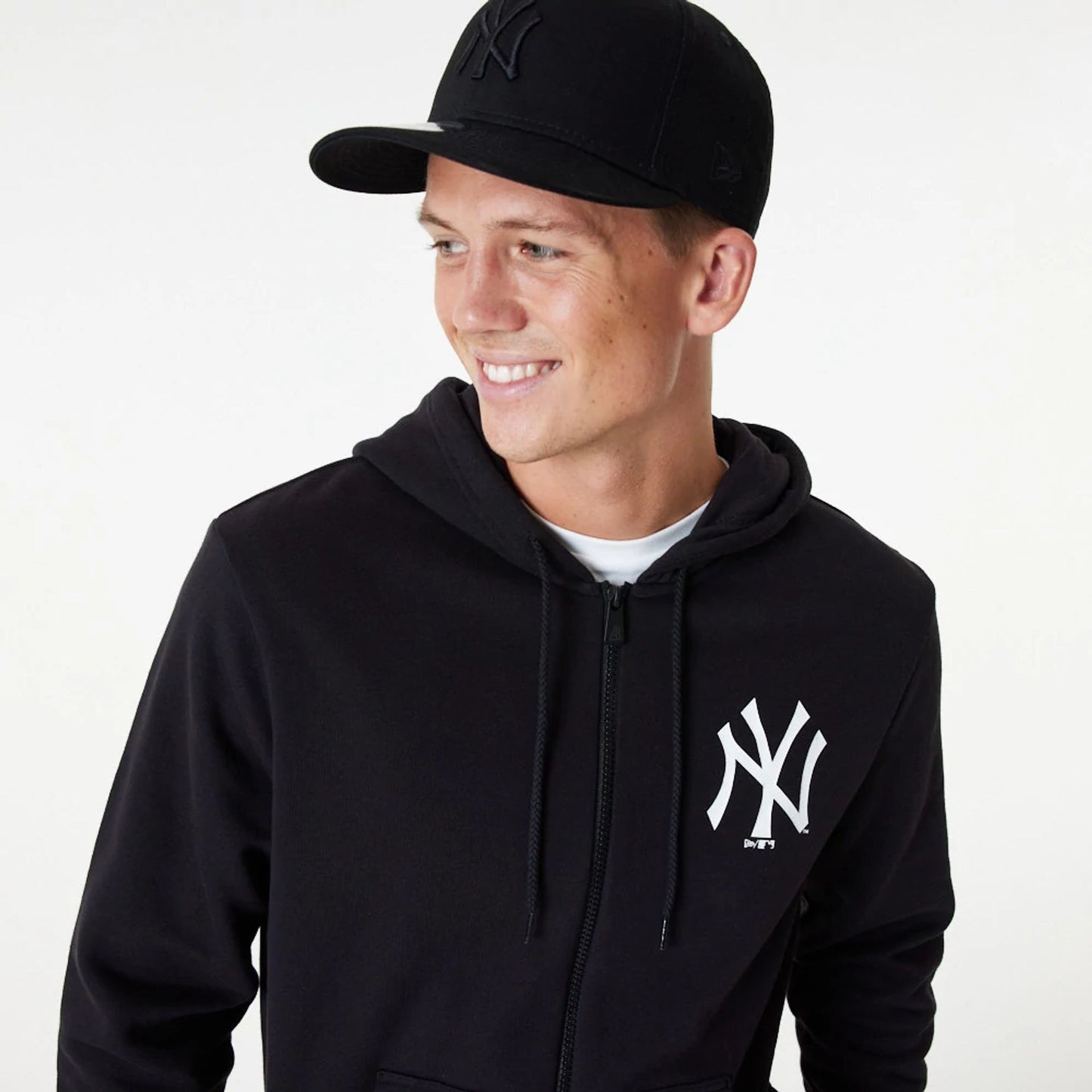 The Male model is wearing New York Yankees MLB Essential Black Full Zip Hoodie 6