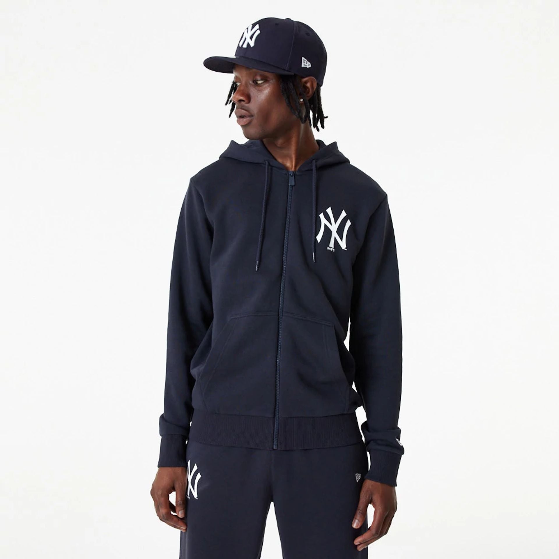 The Male model is wearing New York Yankees MLB Essential Navy Full Zip Hoodie 4