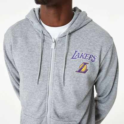 The Male model is wearing LA Lakers NBA Essential Grey Full Zip Hoodie 2