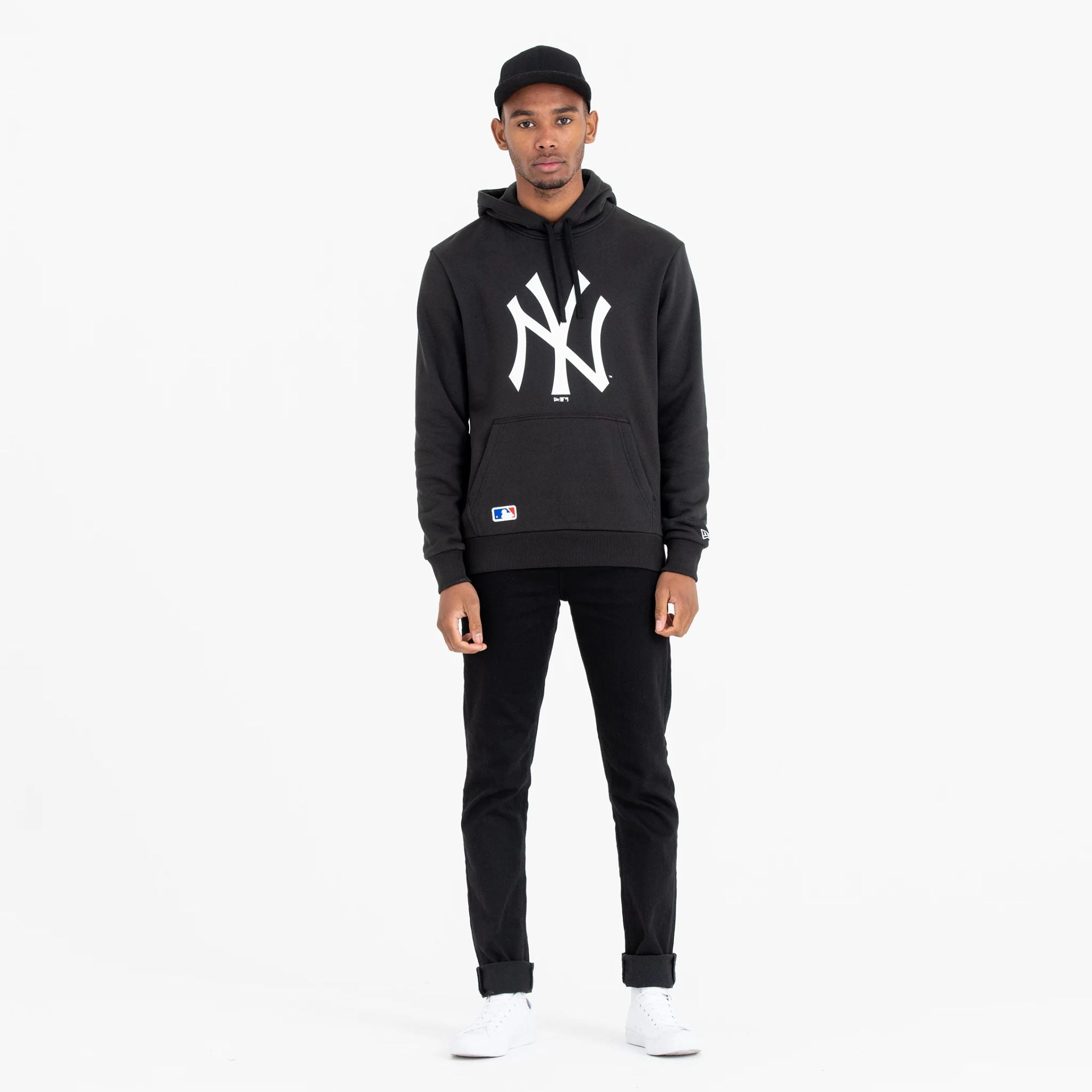 The Male model is wearing New York Yankees MLB Regular Black Pullover Hoodie 3