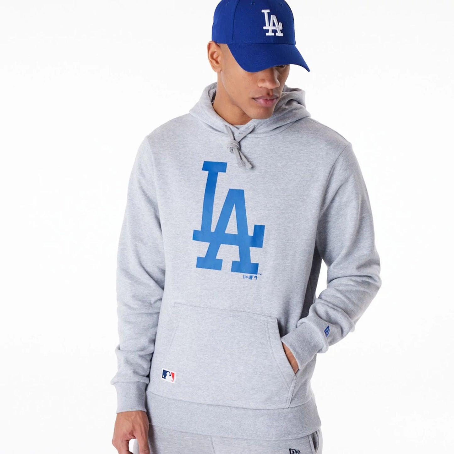 The Male model is wearing LA Dodgers MLB Regular Grey Pullover Hoodie 1