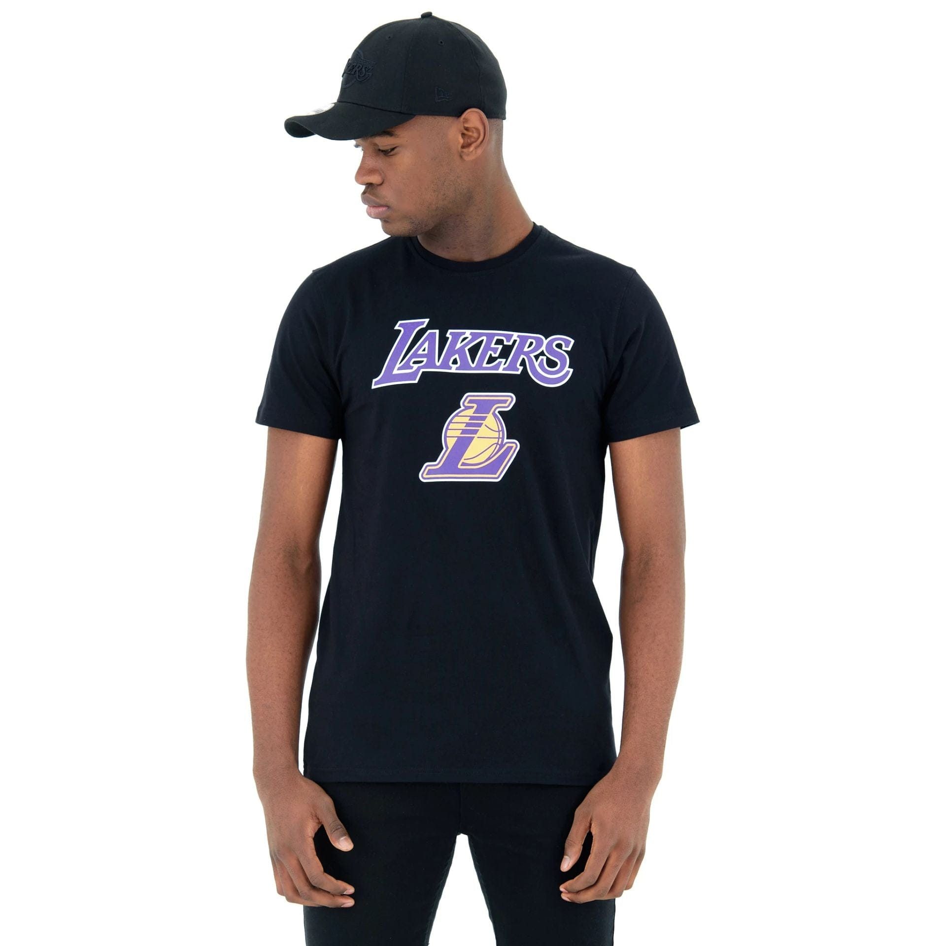 The Male model is wearing LA Lakers NBA Regular Black T-Shirt 1