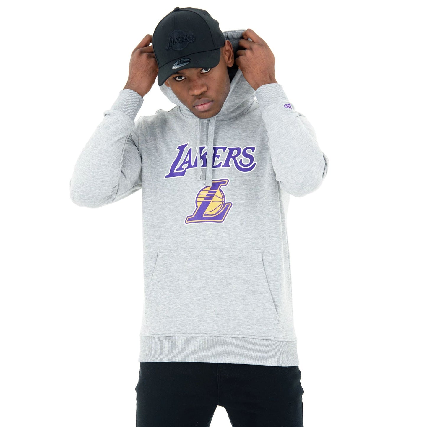 The Male model is wearing LA Lakers NBA Regular Grey Pullover Hoodie 1