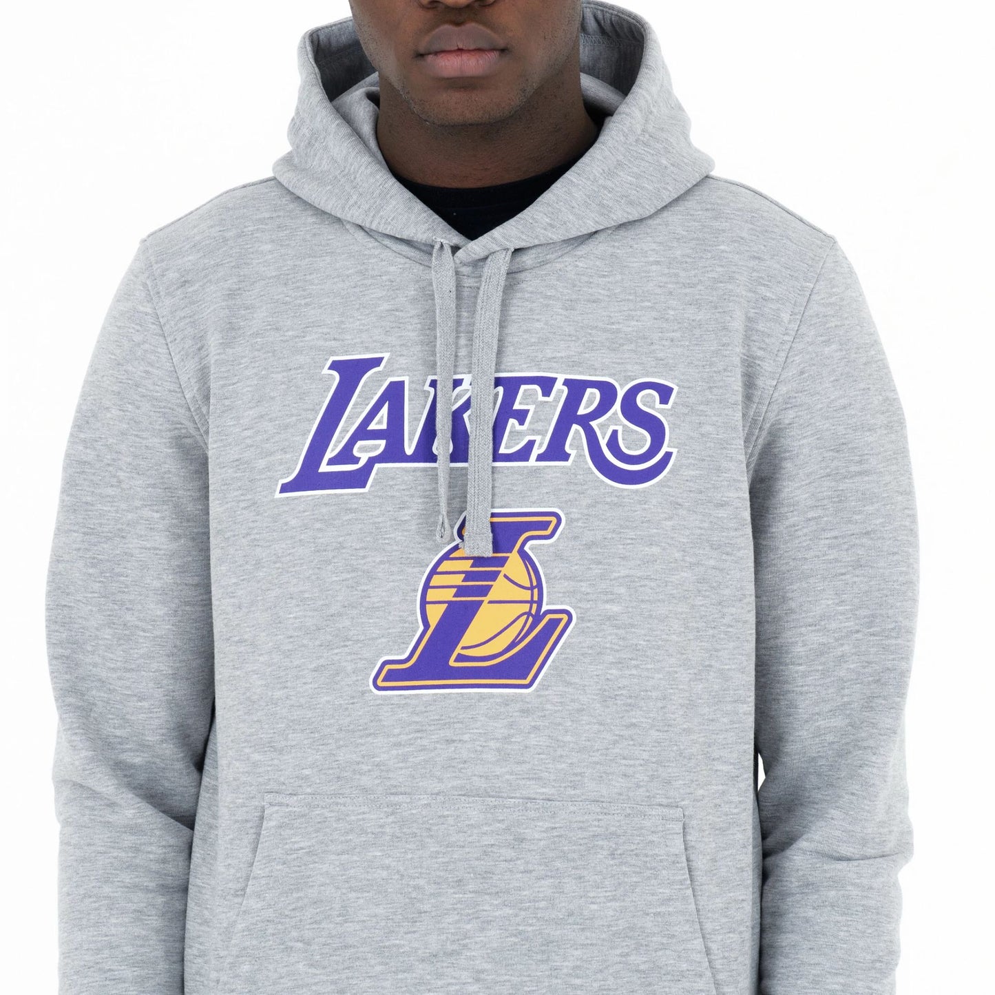 The Male model is wearing LA Lakers NBA Regular Grey Pullover Hoodie 3