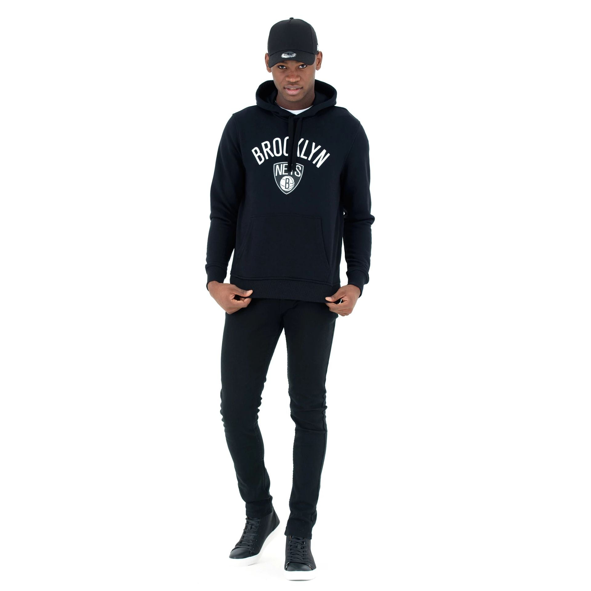 The Male model is wearing Brooklyn Nets NBA Regular Black Pullover Hoodie 6