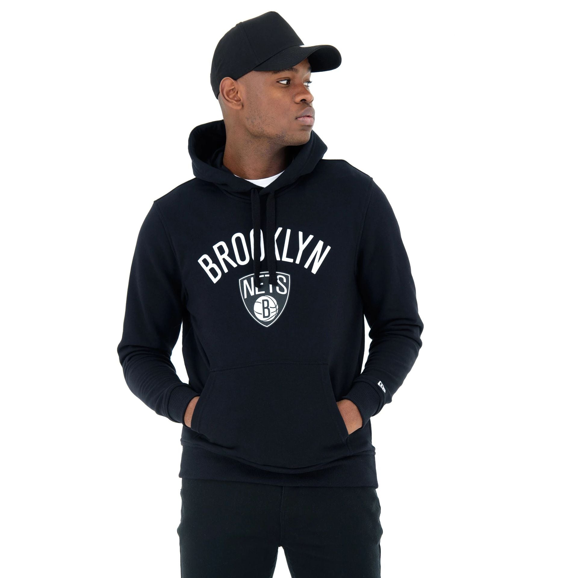 The Male model is wearing Brooklyn Nets NBA Regular Black Pullover Hoodie 1