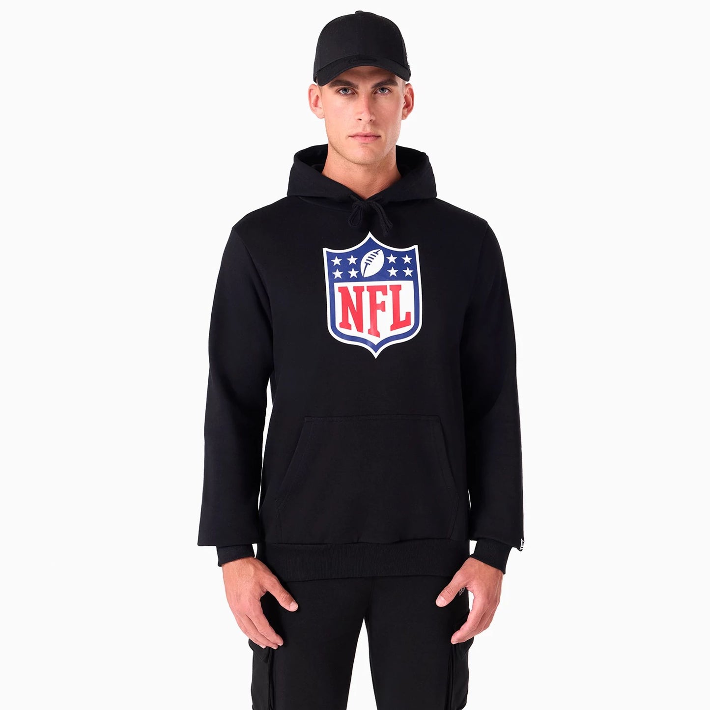 The Male model is wearing NFL Shield Logo NFL Black Pullover Hoodie 1