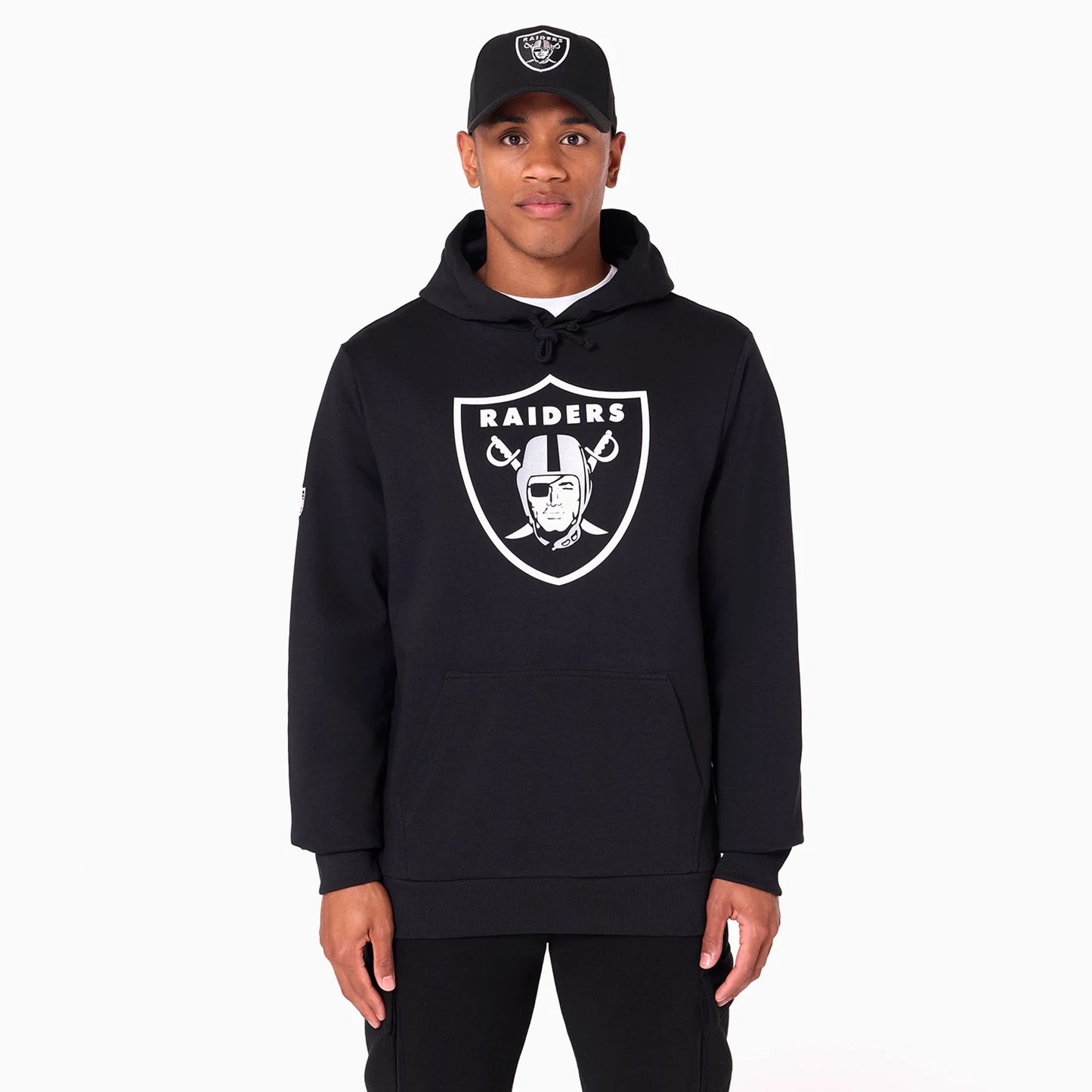 The Male model is wearing Las Vegas Raiders NFL Black Pullover Hoodie 7