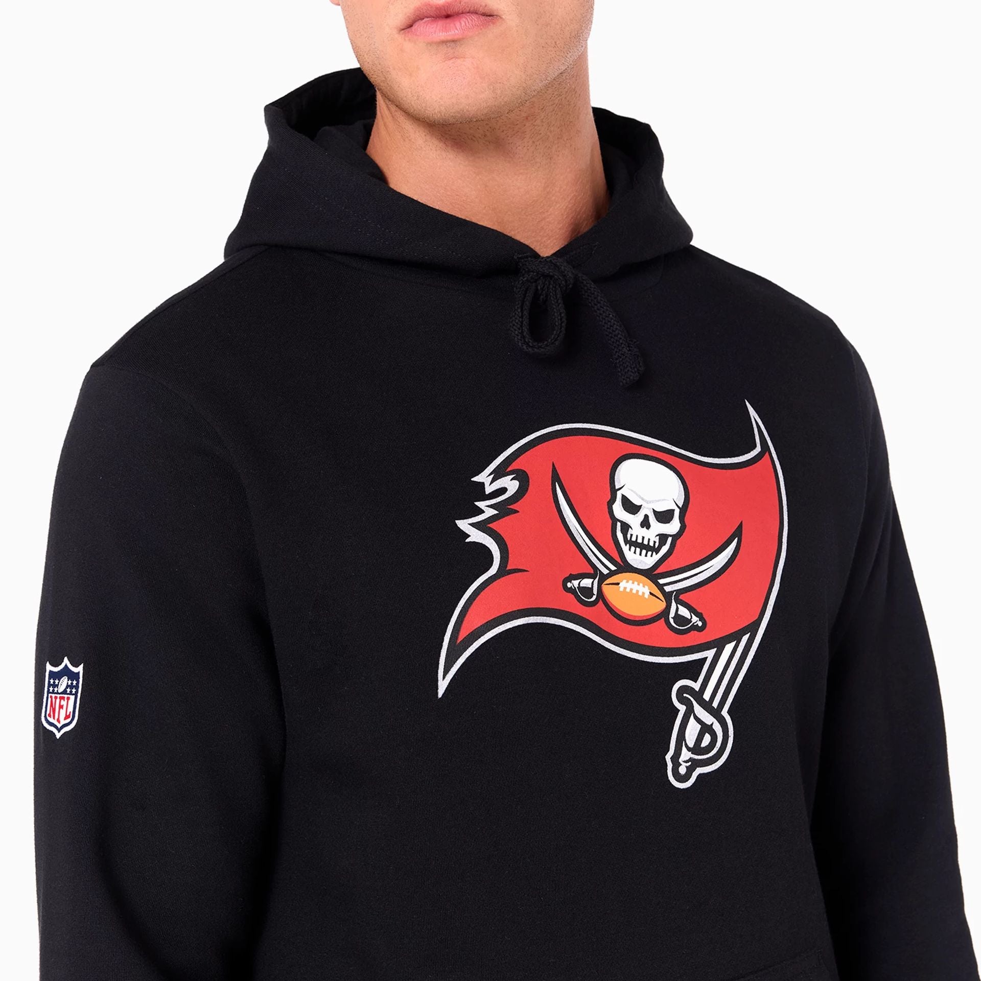 The Male model is wearing Tampa Bay Buccaneers NFL Black Pullover Hoodie 3