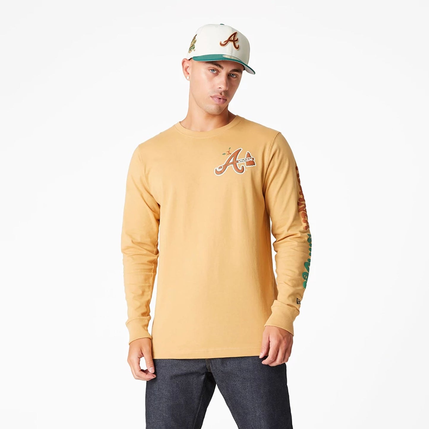 The Male model is wearing Atlanta Braves Camp Beige Long Sleeve T-Shirt 1