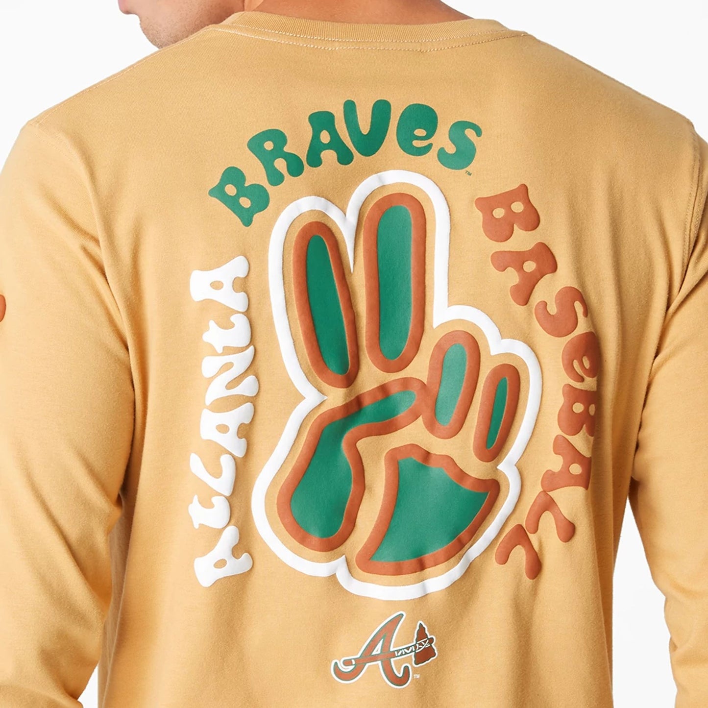 The Male model is wearing Atlanta Braves Camp Beige Long Sleeve T-Shirt 3