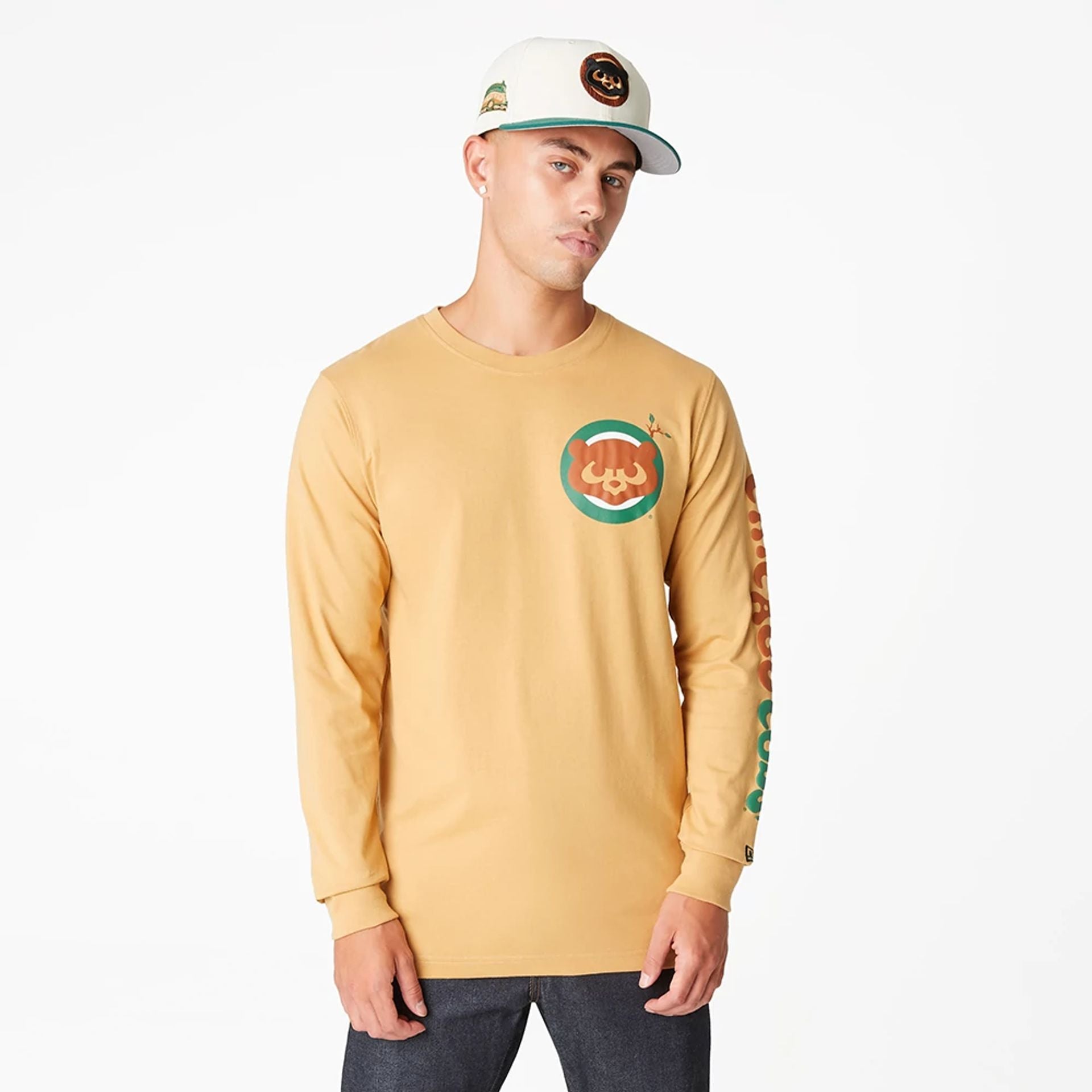 The Male model is wearing Chicago Cubs Camp Beige Long Sleeve T-Shirt 1