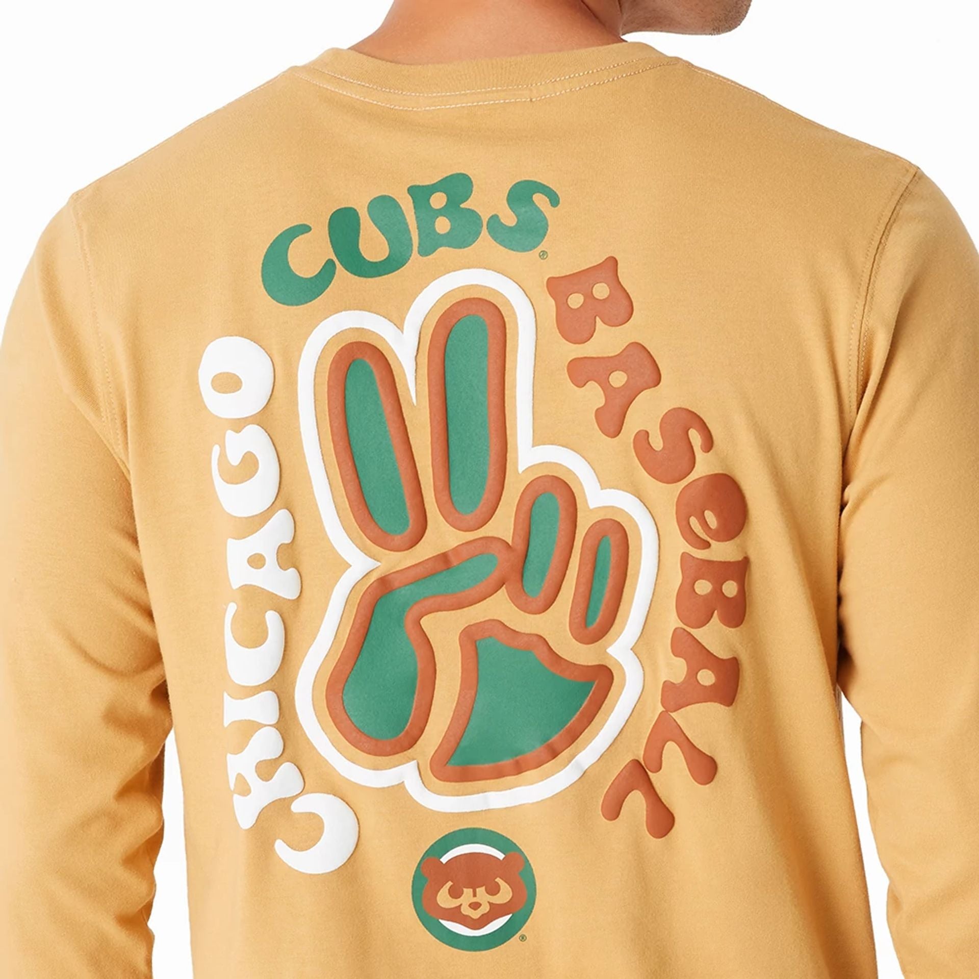 The Male model is wearing Chicago Cubs Camp Beige Long Sleeve T-Shirt 2