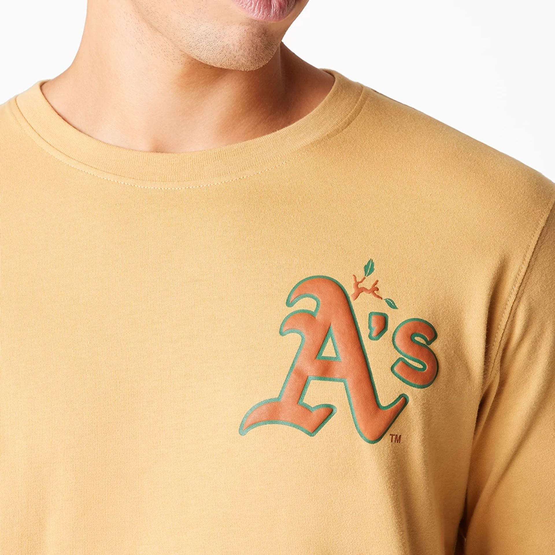 The Male model is wearing Oakland Athletics Camp Beige Long Sleeve T-Shirt 2