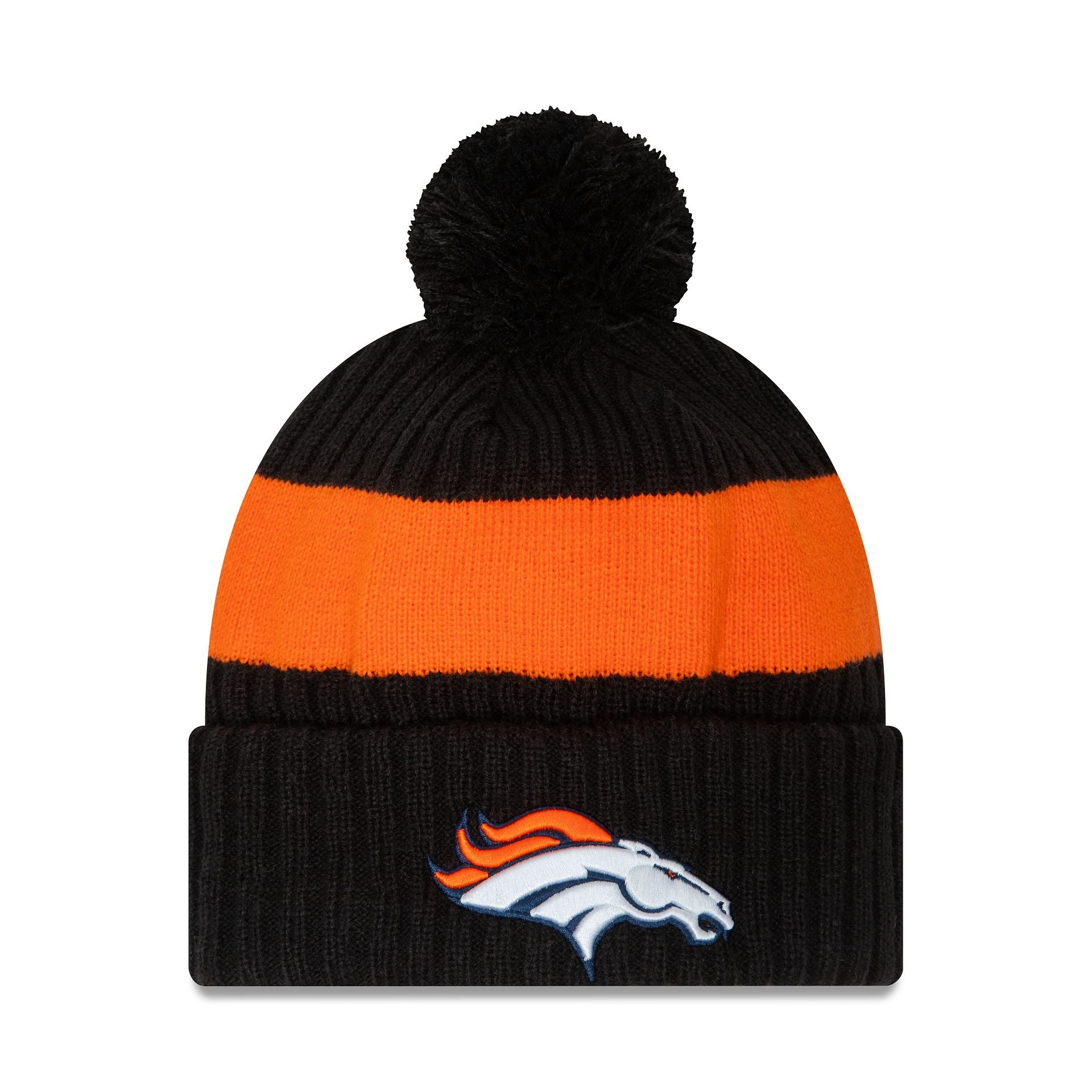 This is a Denver Broncos NFL Sideline 2023 Black Bobble Knit Hat 1