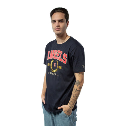 The Male model is wearing California Angels Gold Leaf Navy T-Shirt 2