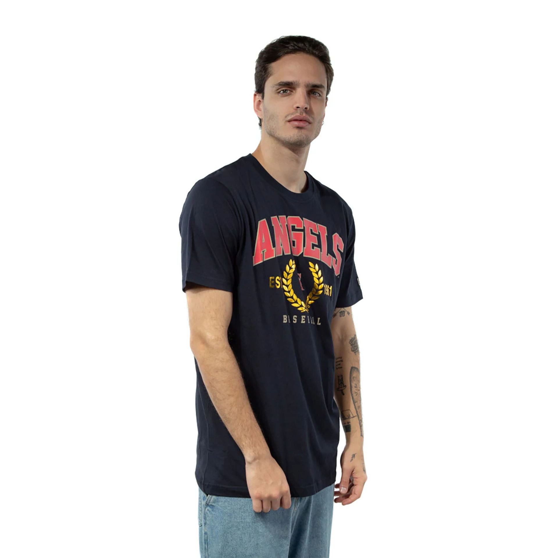 The Male model is wearing California Angels Gold Leaf Navy T-Shirt 3