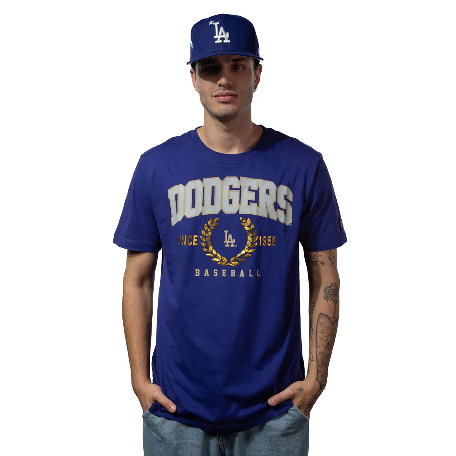 The Male model is wearing LA Dodgers Gold Leaf Dark Blue T-Shirt 1