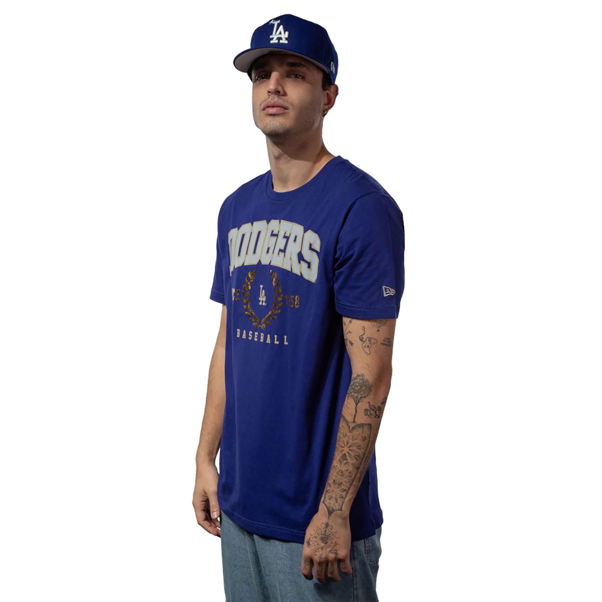 The Male model is wearing LA Dodgers Gold Leaf Dark Blue T-Shirt 2