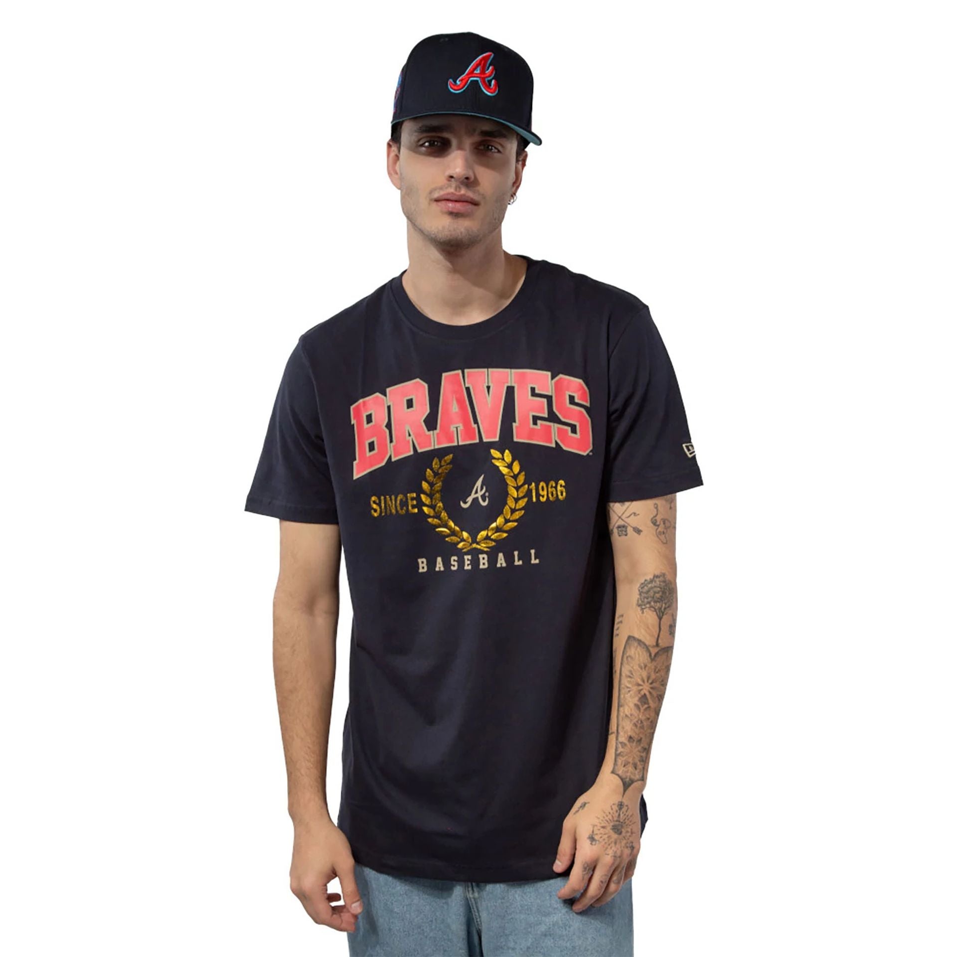 The Male model is wearing Atlanta Braves Gold Leaf Navy T-Shirt 1