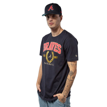 The Male model is wearing Atlanta Braves Gold Leaf Navy T-Shirt 2