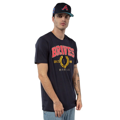 The Male model is wearing Atlanta Braves Gold Leaf Navy T-Shirt 3