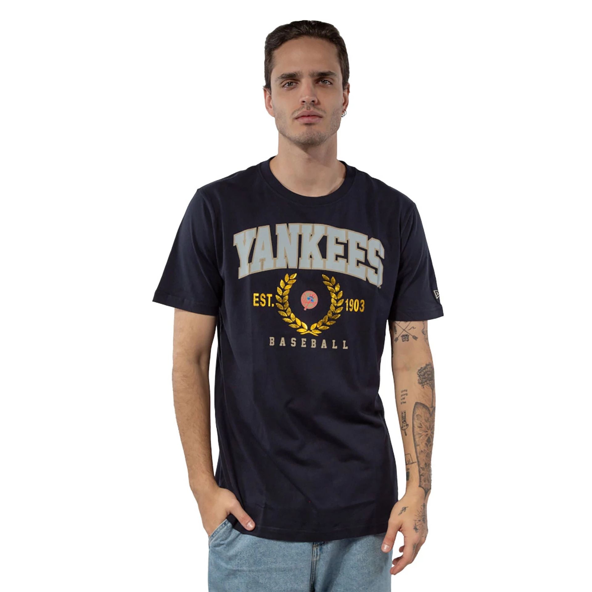 The Male model is wearing New York Yankees Gold Leaf Navy T-Shirt 1