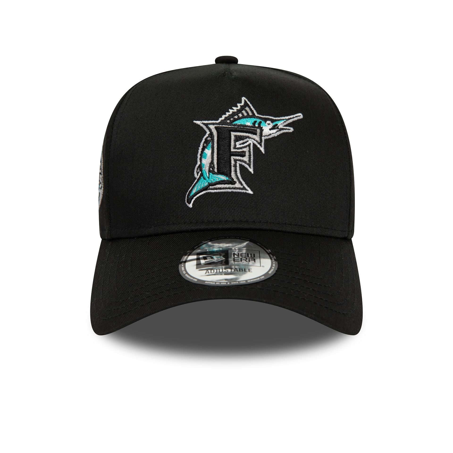 This is a Miami Marlins World Series Patch Black 9FORTY A-Frame Adjustable Cap 3