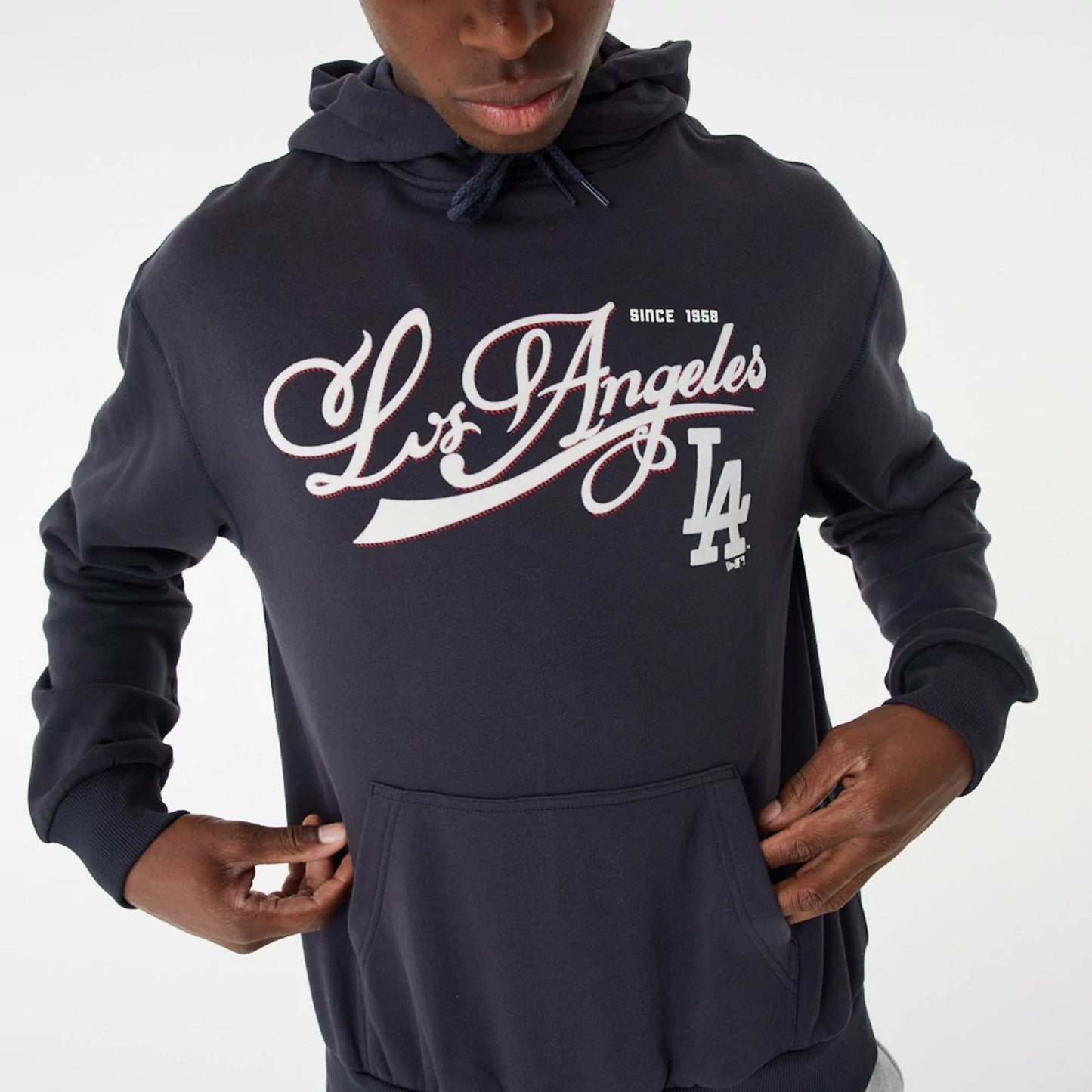 The Male model is wearing LA Dodgers MLB Team Retro Graphic Navy Oversized Hoodie 2