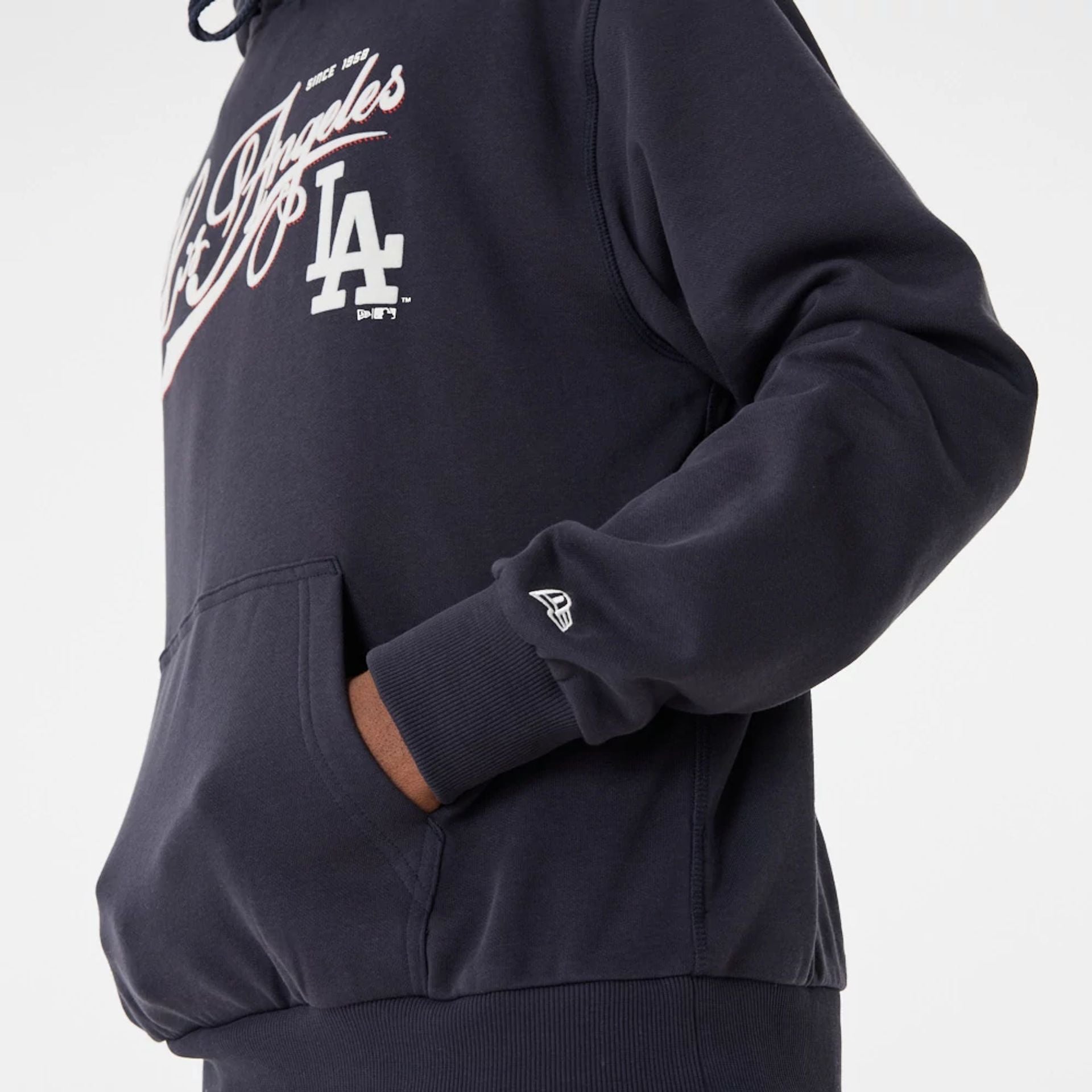 The Male model is wearing LA Dodgers MLB Team Retro Graphic Navy Oversized Hoodie 3