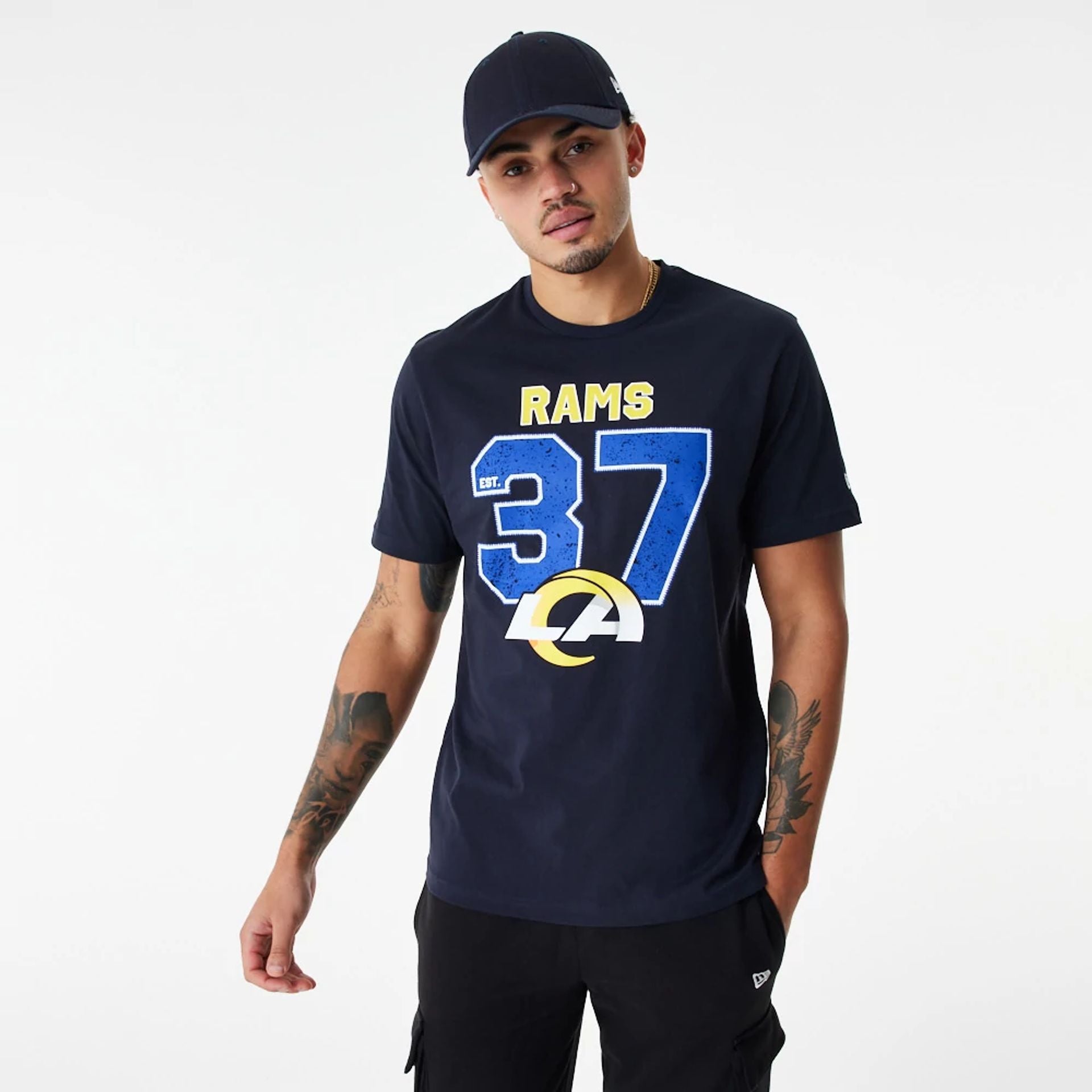 The Male model is wearing LA Rams NFL Wordmark Navy T-Shirt 5