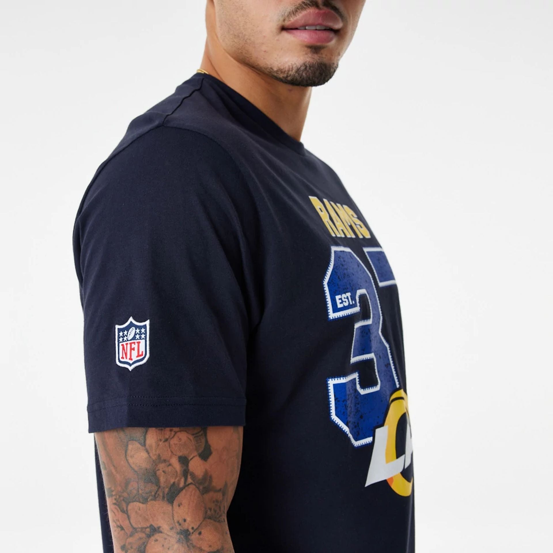 The Male model is wearing LA Rams NFL Wordmark Navy T-Shirt 2