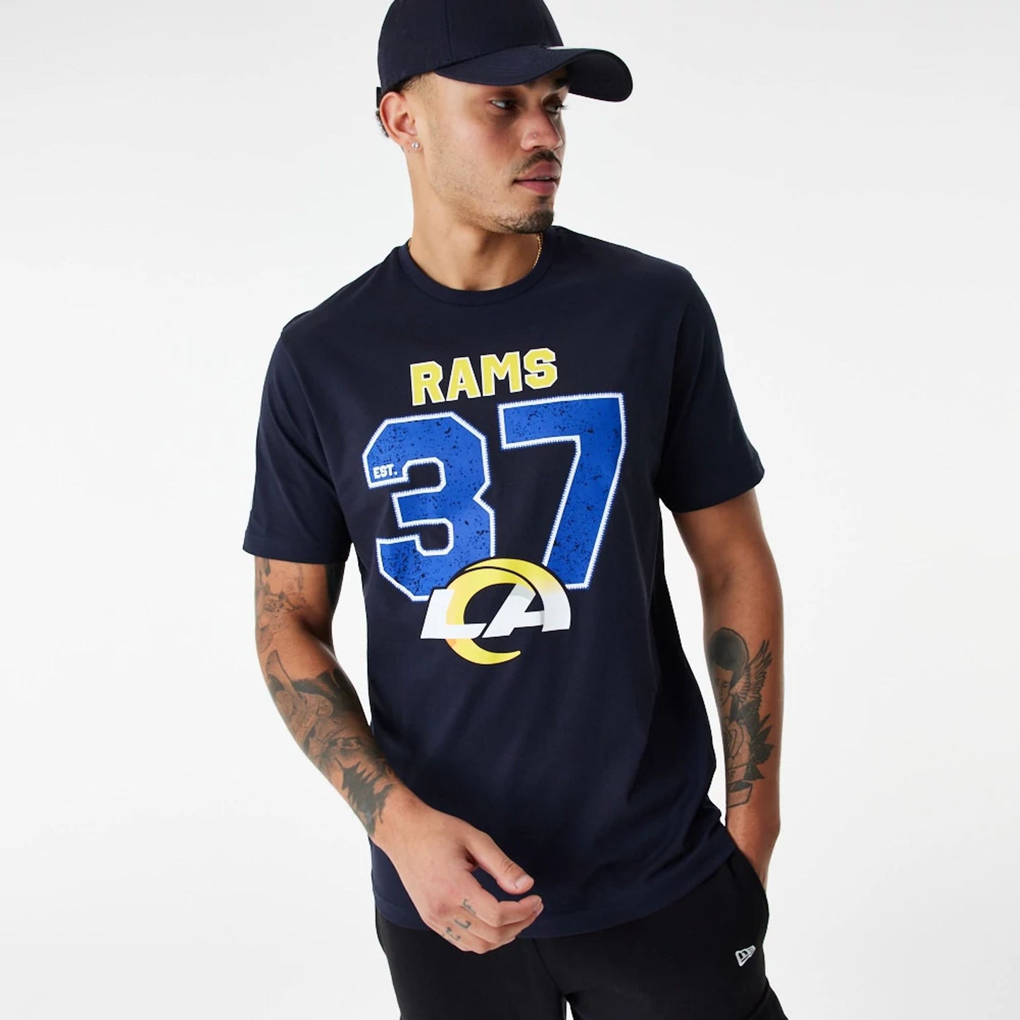 The Male model is wearing LA Rams NFL Wordmark Navy T-Shirt 3