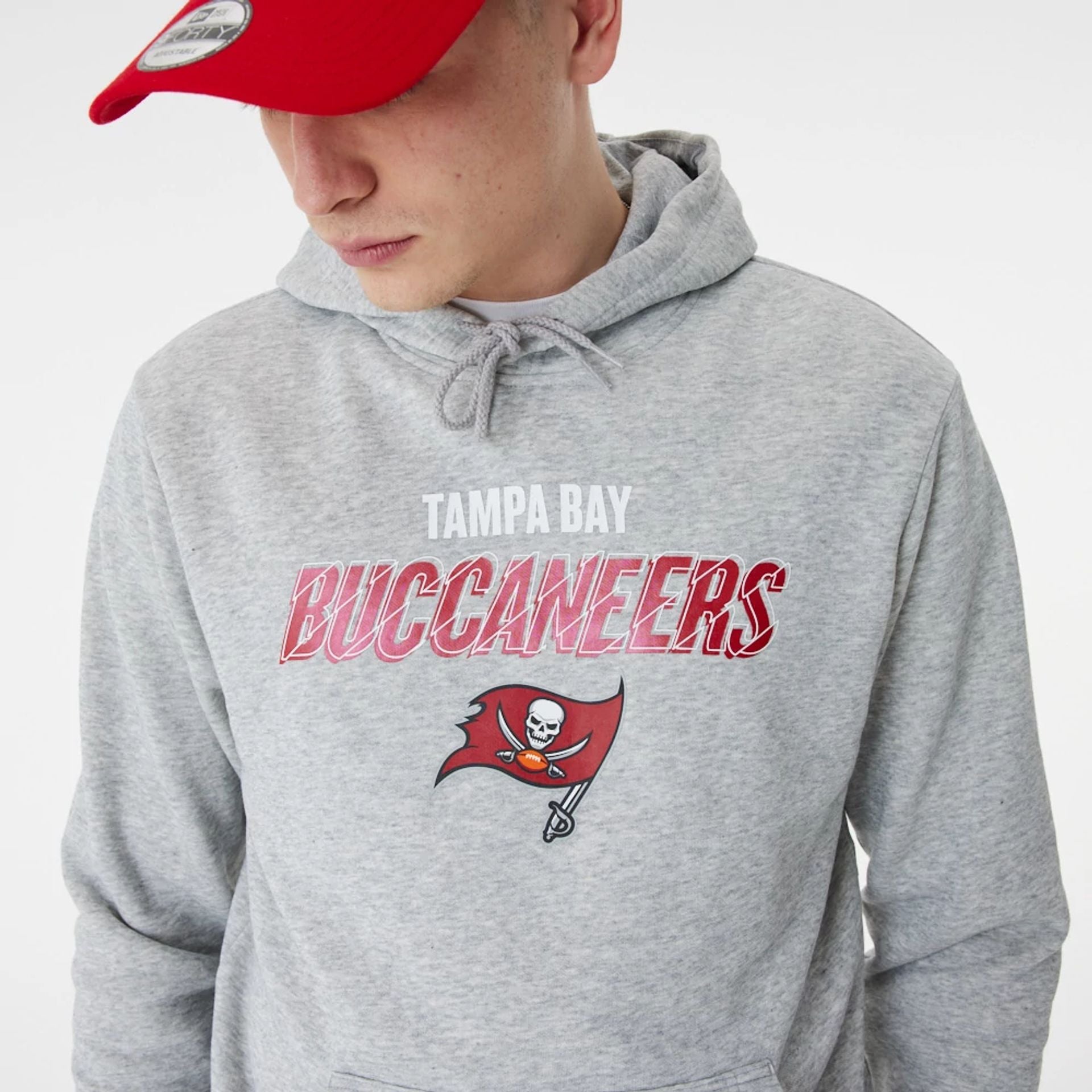 The Male model is wearing Tampa Bay Buccaneers NFL Script Graphic Grey Hoodie 1